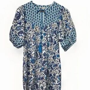 KNOX ROSE Women's Short Puff Sleeve Blue Bohemian Floral Tassel Tie Dress Size M